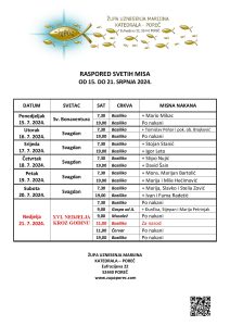 Raspored svetih misa od 15. do 21. srpnja 2024.