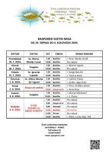 Raspored svetih misa od 29. srpnja do 4. kolovoza 2024.
