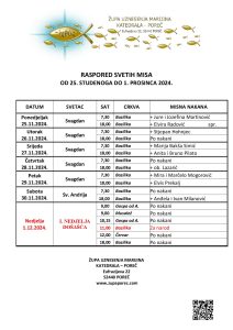 Raspored svetih misa od 25. studenog do 01. prosinca 2024