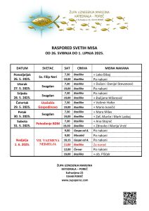 Raspored svetih misa od 26. svibnja od 1. lipnja
