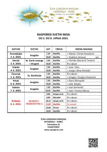 Raspored svetih misa od 2. do 8. lipnja