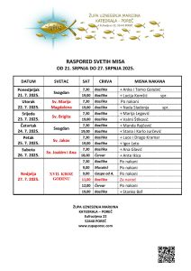 Raspored svetih misa od 21. do 27. srpnja