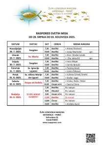 Raspored svetih misa od 28. srpnja do 3. kolovoza