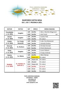 Raspored svetih misa od 01. do 07. prosinca
