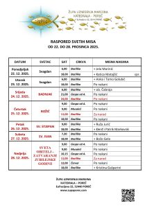 Raspored svetih misa od 22. do 28. prosinca