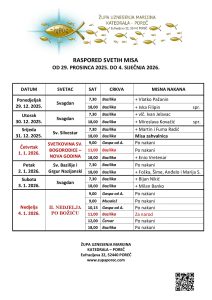 Raspored svetih misa i nakana od 29. prosinca 2025. do 04. siječnja 2026.