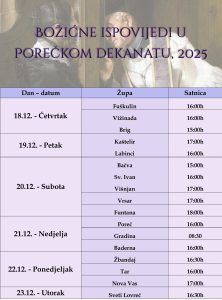 Raspored s terminima Božićnih svetih ispovijedi u Porečkom dekanatu