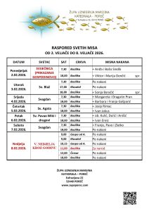 Raspored svetih misa od 2. do 8. veljače 2026.