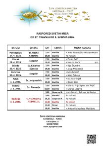 Raspored svetih misa od 27. travnja od 03. svibnja