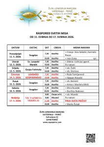 Raspored svetih misa od 11. svibnja do 17. svibnja 2026.