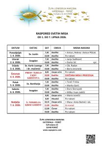 Raspored svetih misa od 1. do 7. lipnja