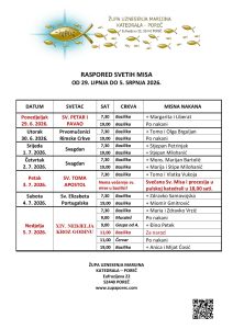 Raspored svetih misa od 29. lipnja do 5. srpnja 2026.
