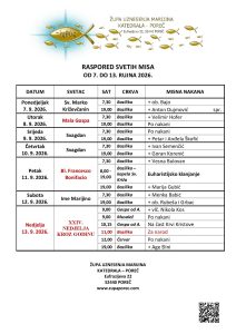Raspored svetih misa od 7. rujna do 13. rujna 2026.